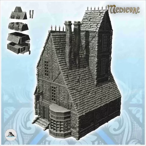 Medieval manor with English-style window, roof spikes and st - Hartolia Miniatures