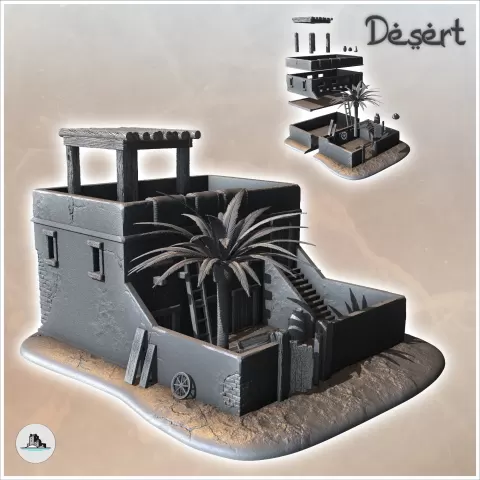 Desert house with wooden roof shelter and palm trees (8) - m - Hartolia Miniatures