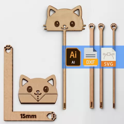 Set de Reglas para Encuadernación Kawaii Gato — Archivos SVG DXF AI para Corte Láser — Pack 6 piezas