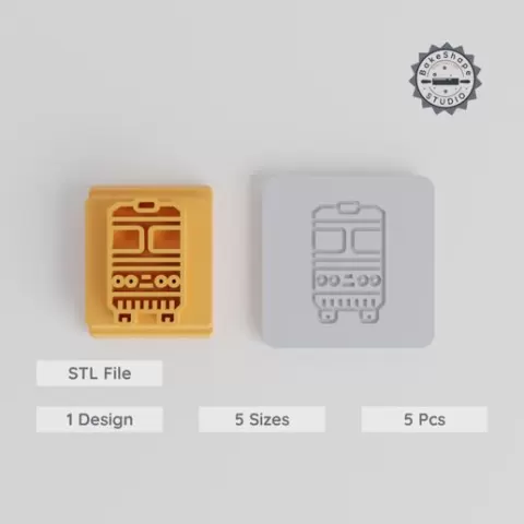 Train Stamp Tile Set, 5 Motif Sizes, Ideal for Clay, Cookies & Fondant, Railway & Locomotive Designs