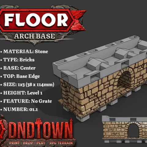 Floor - Arch Block - Stone Bricks - Level01 - 1x3 - NO GRATE - Base Edge Top - Center - 01.1 (SCUFFED) - DnD Town Minis (www.dnd.town) by TTR.Town