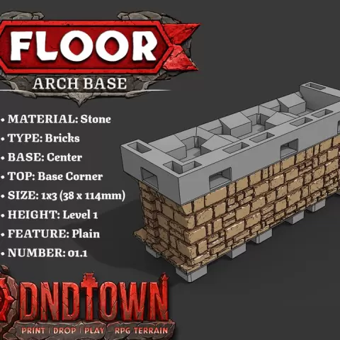 Floor - Arch Block - Stone Bricks - Level01 - 1x3 - PLAIN - Base Corner Top - Center - 01.1 (SCUFFED) - DnD Town Minis (www.dnd.town) by TTR.Town