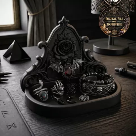 Gothic Rose Jewelry Organizer & Catchall Tray STL – Baroque Svuotatasche with Bat and Skull Details for 3D Printing