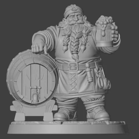 Гном дворф пивовар с кружкой пива и бочкой алкоголя. Dwarf gnome brewer with a mug of beer and a barrel of alcohol.
