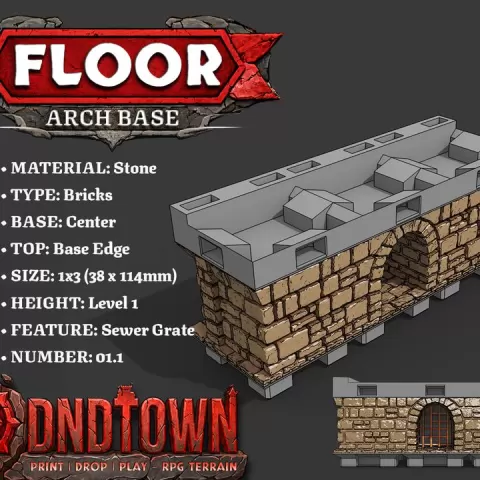 Floor - Arch Block - Stone Bricks - Level01 - 1x3 - SEWER ARCH GRATE - Base Edge Top - Center - 01.1 (SCUFFED) - DnD Town Minis (www.dnd.town) by TTR.Town