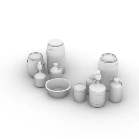 125-LZX — Plastic Buckets, Washbasins, and Large Water Drums: Detailed Diorama Accessory Set — Miniature Scene Models