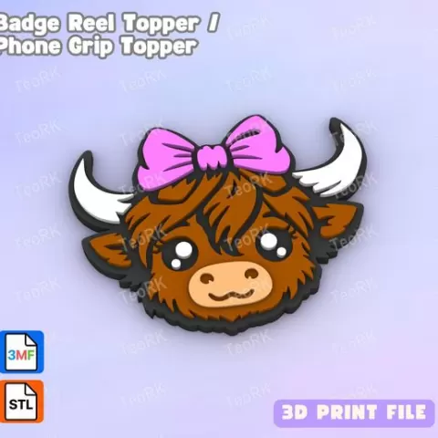 Badge Reel Topper Flat Back Cute highland cow girl - Phone Grip Topper - 3MF