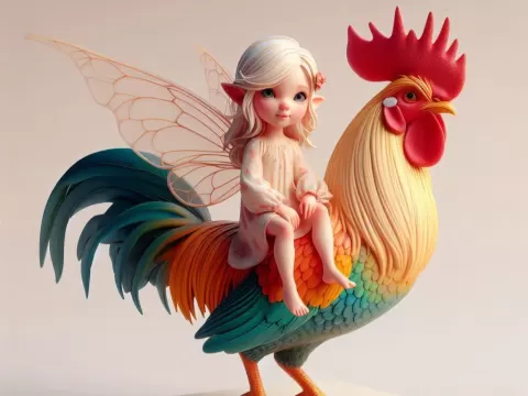 4186 Fairy Rider — 3D-Printed Statue of Fairy on Rooster - AStoryTeller