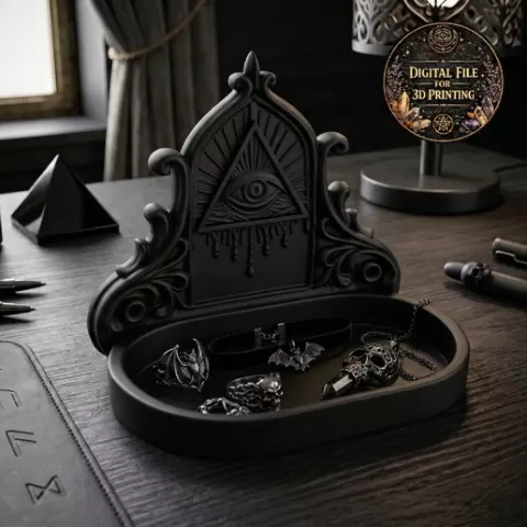Gothic All Seeing Eye Masonic Jewelry Organizer & Catchall Tray STL – Baroque Svuotatasche with Occult Symbol for 3D Printing