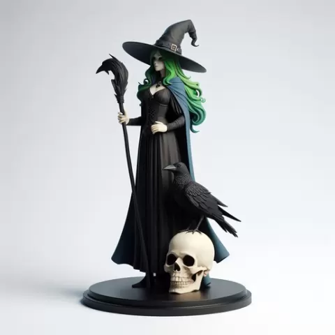4063 Witch with Broom , Raven and Skull 3D Figurine, character, DND, skull, monster, troll, snake, cat, minimalist, miniature, collectible, fantasy, gorgon, decorative, Halloween, serpent, STL, ARTE, art