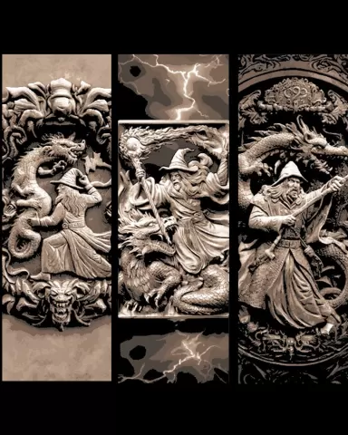Continuation of the Carved historical depictions of Wizard vs Dragon - Set of Bookmarks