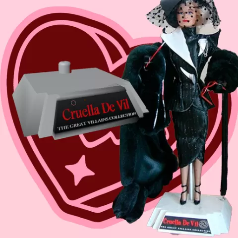 Cruella De Vil 1996 Power in Pinstripes / Ruthless in Red Barbie (integrity toys) stand