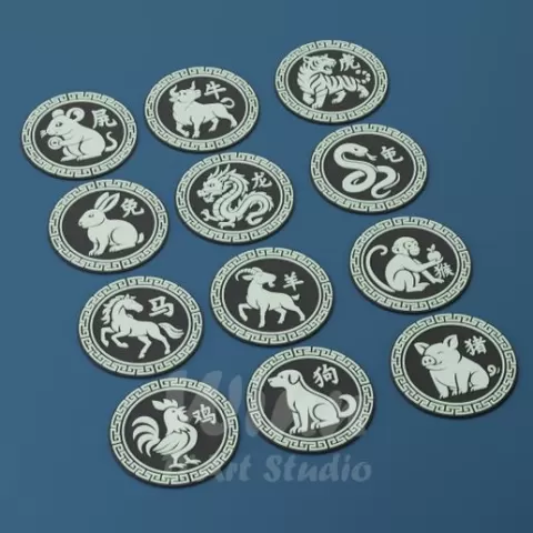 Chinese Zodiac Coaster Set 12 STL Files | Chinese Horoscope Coasters | Glow in the Dark Compatible