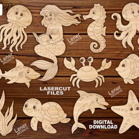 Mermaid and Friends Laser Cut Files - Cute Ocean Animals for MDF, SVG/DXF/AI/PDF