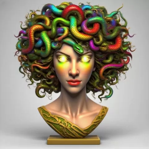 3320 Medusa Gorgon Head Color 3D Model, Halloween, fox, spider, troll, cat, gorgon, wild, bat, monster, gothic, wizard, witch, werewolf, horror, beast, mutant spider, skeleton, skull, 3D, STL