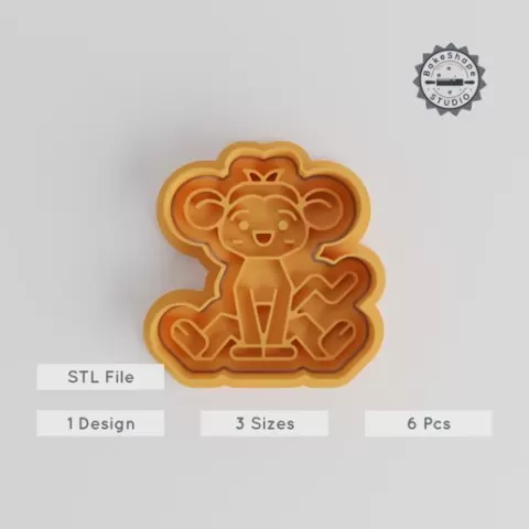 Monkey Shape Cutter & Stamp Set, Cookie & Fondant Tools, Wildlife Theme, 3 Sizes S/M/L, 6 Pieces, Zoo Mammal Design STL