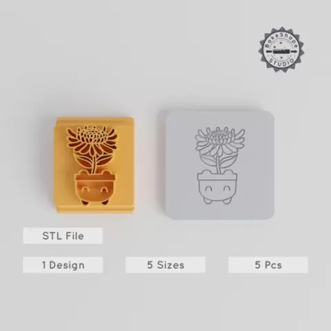 Crysanthemum Flower Pot Stamp Tile Set, 5 Sizes 20-40mm, Ideal for Clay, Cookies & Fondant