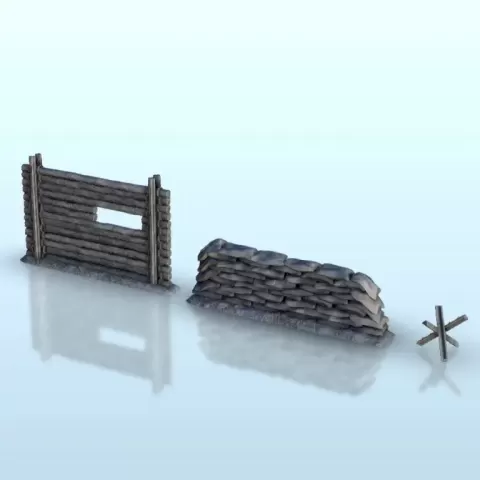 Set of barricades : hedgehod wooden sandbags - terrain WW2 - Hartolia Miniatures