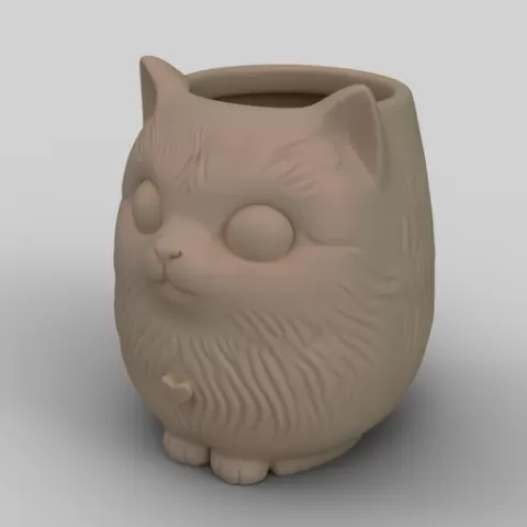 Cute Fluffy Cat Planter - Kawaii Animal Flower Pot & Pencil Holder - 3D Printable Decor