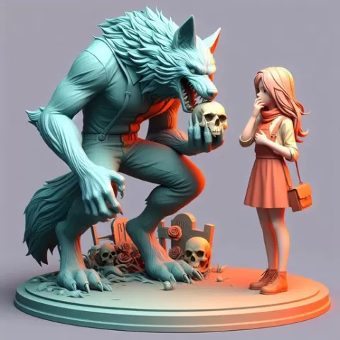 3043 Color 3D Model of Confused Werewolf and Brave Girl on Base, Halloween, fox, fairy, troll, gnome, magical, wizardry, magic, monster, gothic, wizard, witch, werewolf, horror, sorcery, rooster, skeleton, skull
