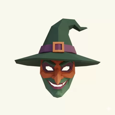Low-poly witch face mask - Halloween, spooky, scary, horror, creepy, haunted, October 31, trick or treat, pumpkin, jack o’ lantern, jackolantern, ghost, skeleton, skull, zombie, witch, vampire, monster, mummy, Frankenstein 3D Model