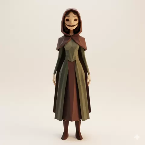 low poly Woman with stitched smile - Halloween, spooky, scary, horror, creepy, haunted, October 31, trick or treat, pumpkin, jack o’ lantern, jackolantern, ghost, skeleton, skull, zombie, witch, vampire, monster, mummy, Frankenstein 3D Model