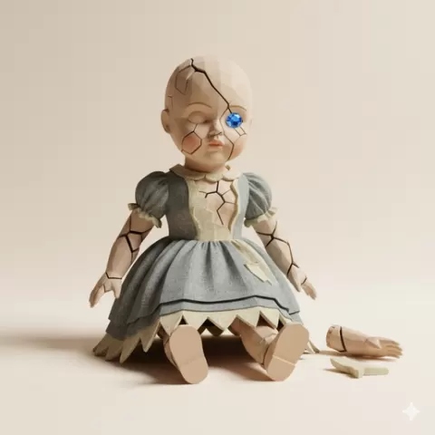 low poly Broken porcelain doll with missing eye - Halloween, spooky, scary, horror, creepy, haunted, October 31, trick or treat, pumpkin, jack o’ lantern, jackolantern, ghost, skeleton, skull, zombie, witch, vampire, monster, mummy, Frankenstein 3D M