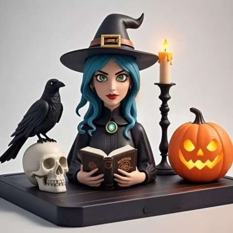 2556 Halloween Witch with Spell book, Skull, Raven and Pumpkin - Color 3D Model on Pedestal, Halloween, magic, spider, mask, gnome, gorgon, wild, bat, monster, mutant, fair, witch, werewolf, horror, beast, mutant spider, skeleton, skull