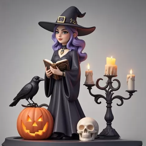2522Halloween Witch with Spell book, Skull, Raven and Pumpkin - Color 3D Model on Pedestal, Halloween, magic, spider, mask, gnome, gorgon, wild, bat, monster, mutant, fair, witch, werewolf, horror, beast, mutant spider, skeleton, skull