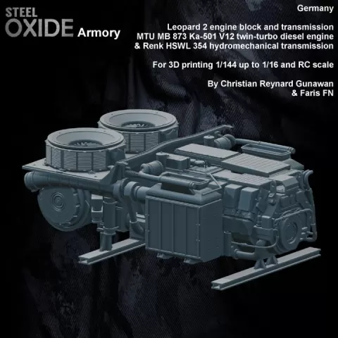 Leopard 2 engine block and transmission MTU MB 873 Ka-501 V12 twin-turbo diesel engine & Renk HSWL 354 hydromechanical transmission by STEELOXIDE3D