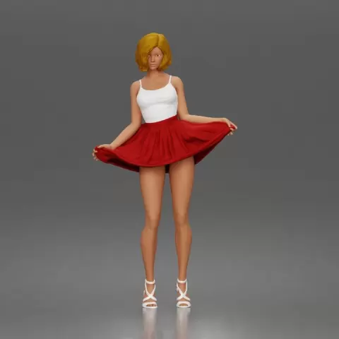 Cheerful girl twirling skirt playfully posing confidently in strappy heels by 3DGeschaft Miniatures Figures