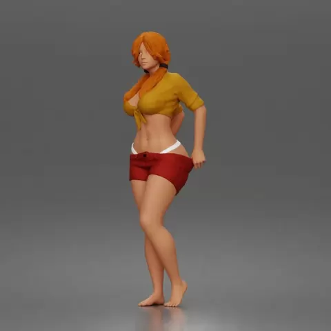 Confident woman adjusting shorts standing barefoot in relaxed casual summer pose by 3DGeschaft Miniatures Figures