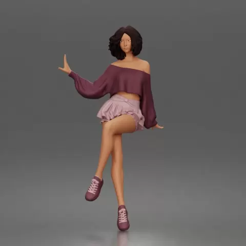 Stylish girl sitting gracefully in relaxed offshoulder top and skirt by 3DGeschaft Miniatures Figures