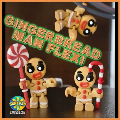 Gingerbread Man Flexi Mini - Articulated Keychain, Cable Holder and Holiday Props - No Supports 3D Print STL/3MF by SEREV3d