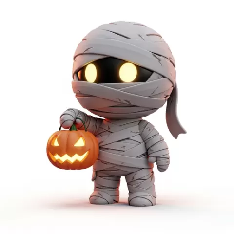 Cute Mummy STL File for 3D Printing - Chibi Halloween Figurine with Glowing Jack-o'-Lantern - Digital Download,Printable Kawaii Mummy STL