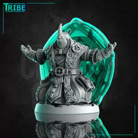 (0299) Male Rhinoceros folk summoner wizard magician with a magic portal by Claudio Casini Art