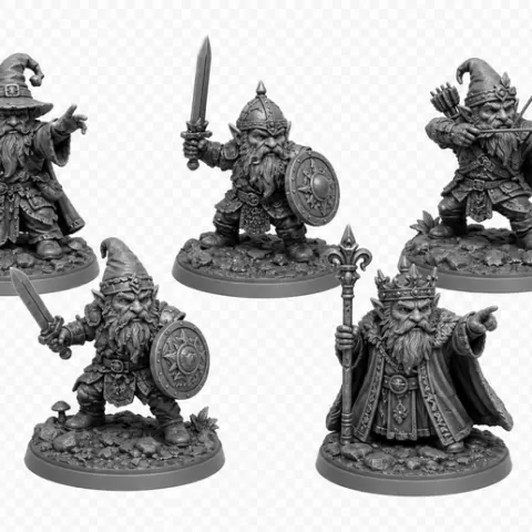 Gnome Kingdom – Pack de 5 Gnomos Fantasía (Rey, Arquero, Mago, Guerrero y Guardia Real)