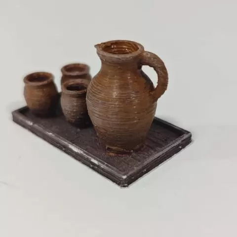 Set of pitcher, glasses and tray for nativity scene, traditional nativity scene or Christmas diorama