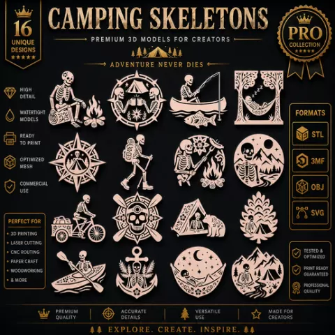 Camping Skeletons Premium Pack - 16 Unique 3D & Vector Designs