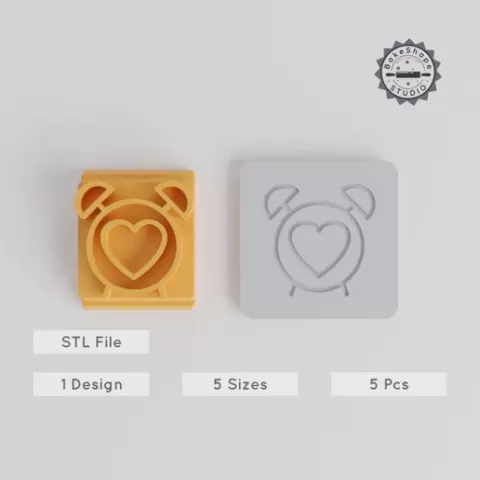 Alarm Clock Stamp Tile Set, 5 Sizes, Perfect for Clay, Cookies & Fondant, Heart & Timepiece Motifs