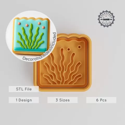Seaweed Shape Cutter & Stamp Set, Ocean Plant Cookie, Fondant Decor, Sizes S/M/L, 6-Piece Kit for Nautical Baking & Crafts