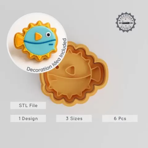 Puffer Fish Cookie & Fondant Cutter Stamp Set, Sea Life Baking Tool, 3 Sizes S/M/L, Aquatic Blowfish Design