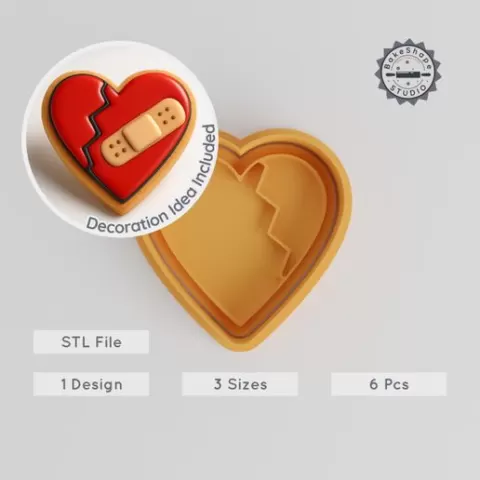 Broken Heart Shape Cookie Cutter & Stamp, Set of 6, Ideal for Fondant or Cookies, Includes S/M/L Sizes