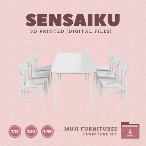 Miniature Replica 09. Dining Table 70 In and Chair Set V9 for Miniature Dollhouse - Muji - 3D Print Instant Download