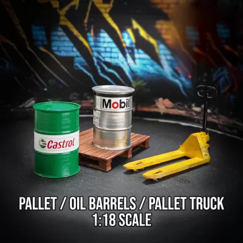 Diorama 1:18 Pallet truck/ Jack with Pallet/ Castrol/ Mobile barrels/ Part For Diorama by JeraxCarWorkshop