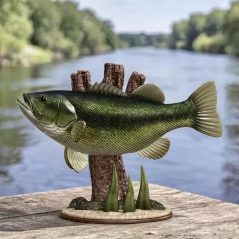 Largemouth bass (MICROPTERUS SALMOIDES) fish trophy in motion sculpture 2 underwater detailed texture for 3d printing