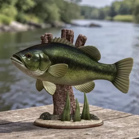 Largemouth bass (MICROPTERUS SALMOIDES) fish trophy in motion sculpture underwater detailed texture for 3d printing