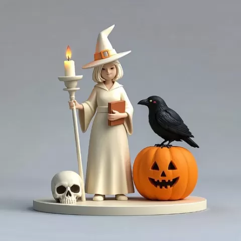 390 Witch with Skull and Pumpkin – Color 3D Model on Pedestal, Halloween, cat, bat, monster, troll, fox, minimalist, miniature, figurine, collectible, fantasy, decorative, Halloween, serpent, STL, DND