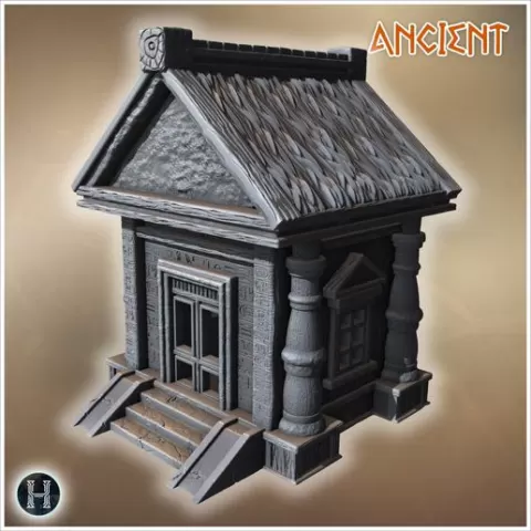 Small temple with carved wooden pillars, thatched roof, and decorative ancient inscriptions (26) - Ancient Classic Old Archaic Historical 28mm 20mm 15mm