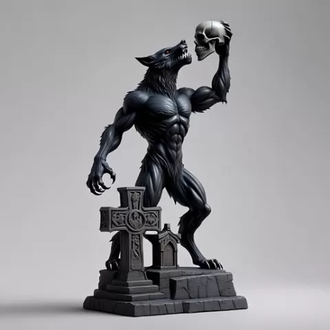 173 Werewolf with Skull – Minimalist Statue, character, DND, skull, monster, troll, skeleton, fox, minimalist, miniature, figurine, collectible, fantasy, gorgon, decorative, Halloween, serpent, STL, ARTE